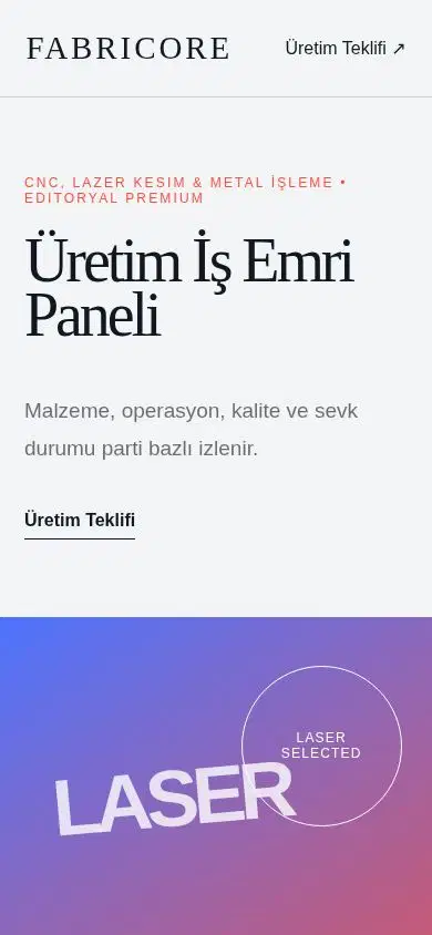 FabriCore mobil görünümü
