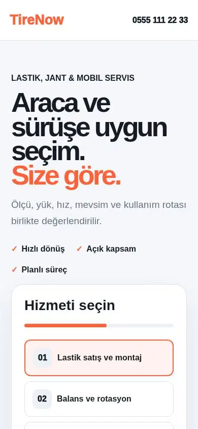 TireNow mobil görünümü