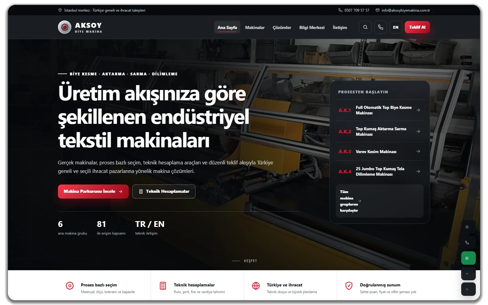 Aksoy Biye Makina web sitesi vitrin görünümü