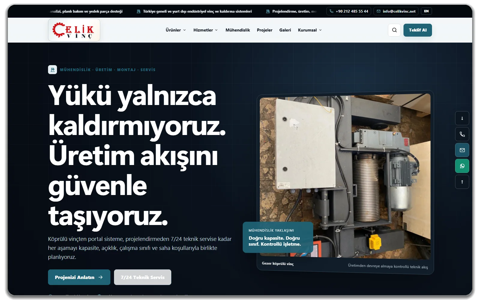 Çelik Vinç web sitesi vitrin görünümü