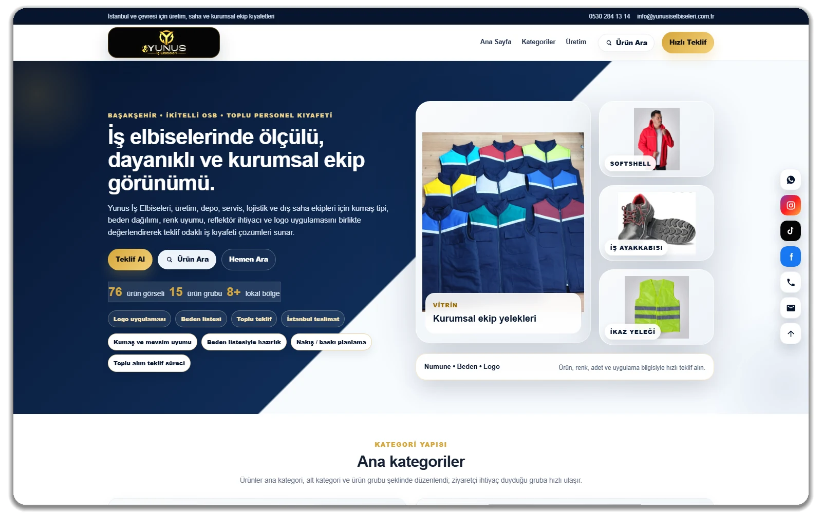Yunus İş Elbiseleri web sitesi vitrin görünümü